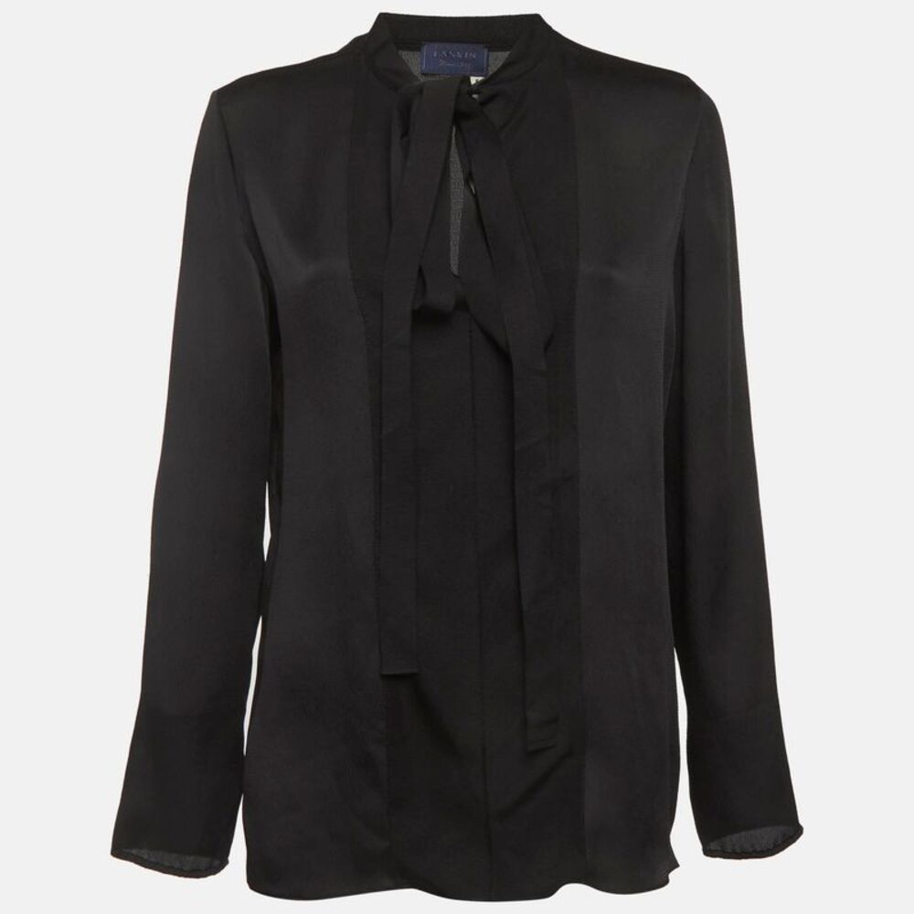 Lanvin Black Crinkle Satin Ribbon Neck Tie Up Blouse M